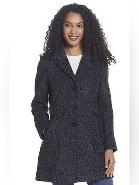 Gallery New York Boucle Coat S Black Gray Faux Leather Trim Tailored NWT